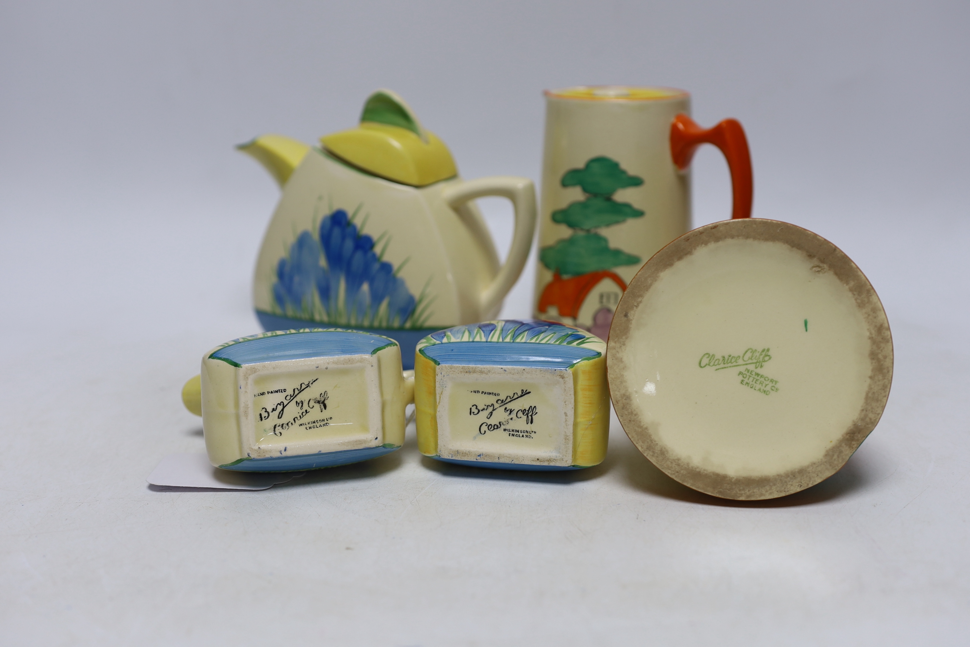 A Clarice Cliff Blue crocus three piece teaset, and two other pieces